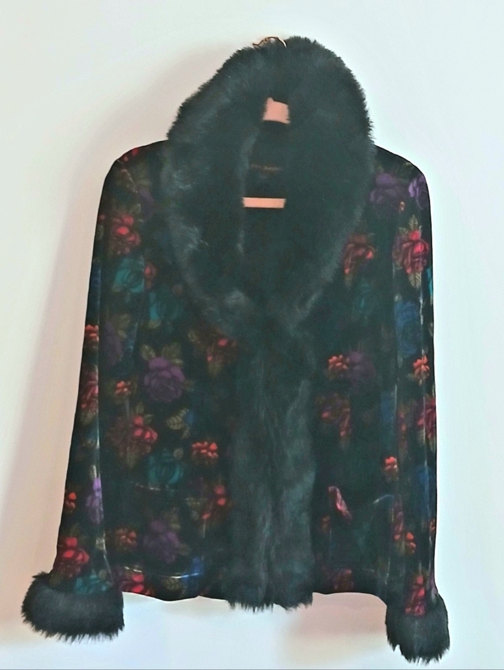 RARE 90s Betsey Johnson Velvet Rose Jacket Faux Fur Trim Gothic Romantic Size L